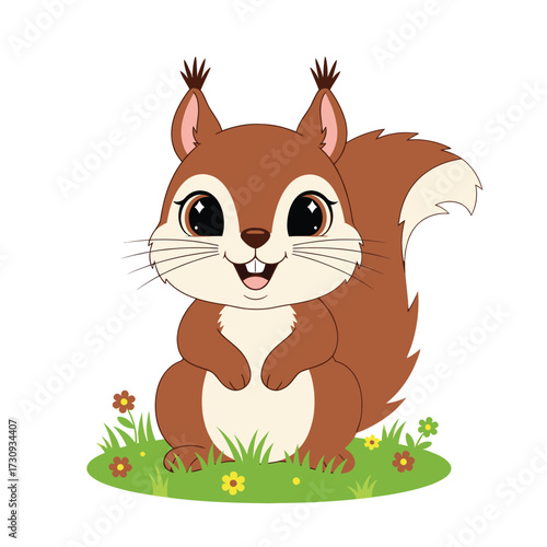 Cute cartoon brown squirrel with bushy tail sitting in grass with flowers isolated on white background