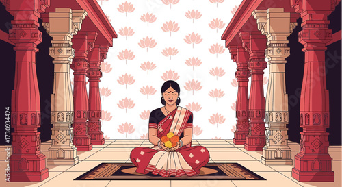 Serene indian woman meditating in a temple with lotus flower background, promoting mindfulness and