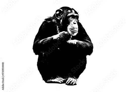a black and white drawing of a chimpanzee sitting with its chin resting on its handape, black, chimpanzee, hand, monkey, photo, white 