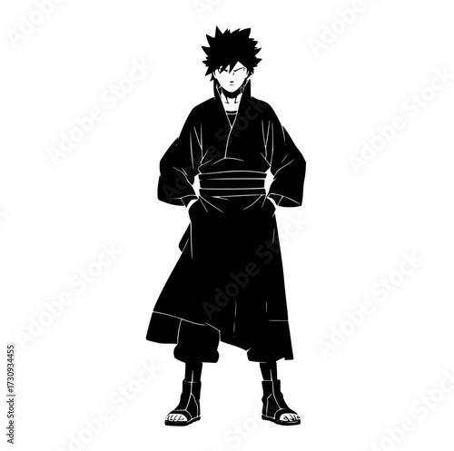a black and white silhouette of a character in a kimonoanime, art, avatar, black, illustration, karate, kimono, man, martial, person, robe, samurai, stand, wear 