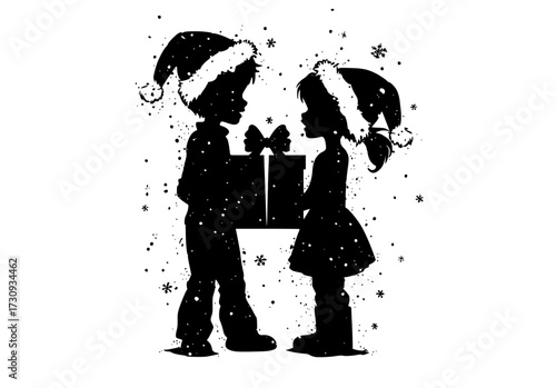 a silhouette of a boy and girl opening a christmas presentboy, catch, child, christmas, christmas card, christmas hat, couple, gift, gift box, girl, give, illustration, profile, santa claus, snow 
