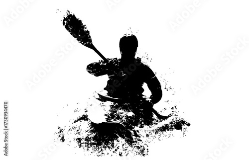 a silhouette of a man kayaking through water splashes, holding a paddleblack, canoe, kayak, man, oar, paddle, person, rapid, ride, sea, water, wave, white 