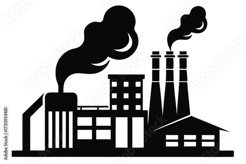 Black Silhouette of Industrial Factory with Smoke Stacks and Windowed Buildings