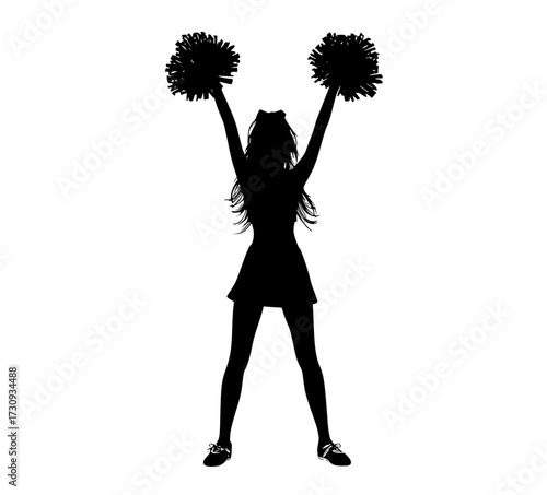 a silhouette of a cheerleader holding pom pomsblack, cheer, cheerlead, dance, dress, girl, profile, woman 