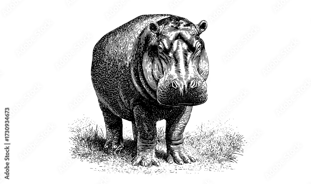 Fototapeta premium a vintage engraving of a hippopotamusanimal, drawing, grass, head, hippo, illustration, mouth, open, stand 