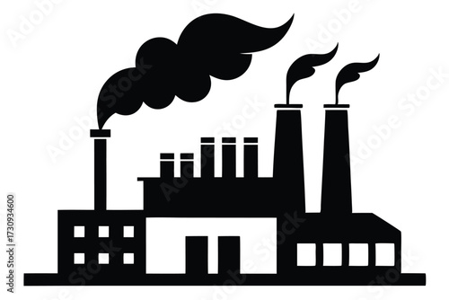 Black Silhouette Illustration of a Factory Building With Chimneys and Smoke Emissions