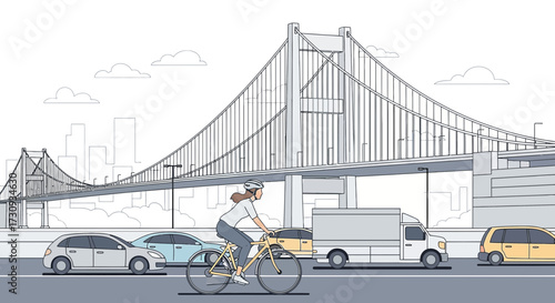 Sustainable city illustration featuring cyclist cars bridge promoting green transportation urban