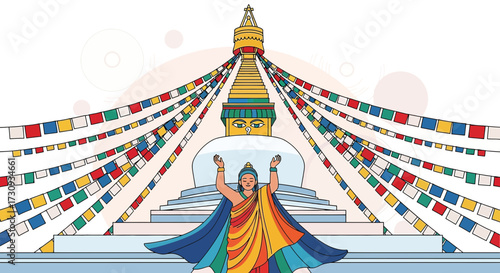 The Boudhanath Stupa with vibrant prayer flags and a serene monk illustration