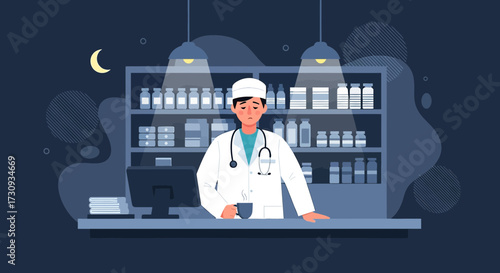 Tired pharmacist taking a break at night shift in pharmacy with night view outside a window