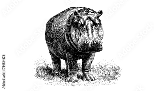 a vintage engraving of a hippopotamusanimal, drawing, grass, head, hippo, illustration, mouth, open, stand 