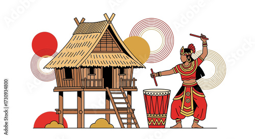 Traditional Tribal House with Musician Illustration Showcasing Cultural Heritage And Artistic