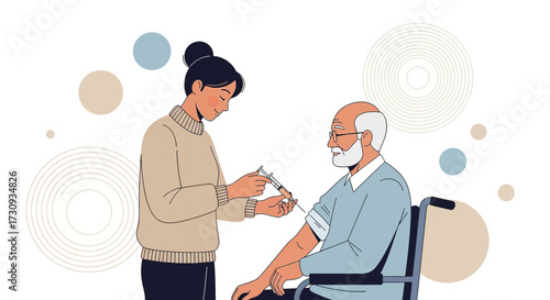 Vaccination campaign illustrating a nurse administering vaccine to elderly patient