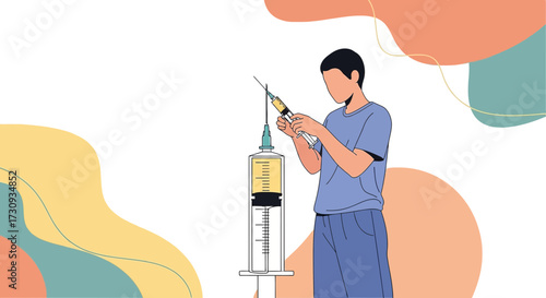 Vector illustration of a man preparing a syringe for injection with abstract elements in the