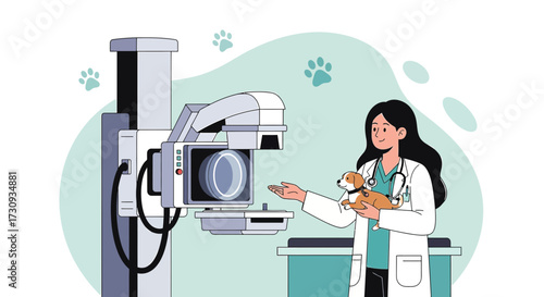 Veterinarian with puppy preparing for x-ray examination in clinic professional setting