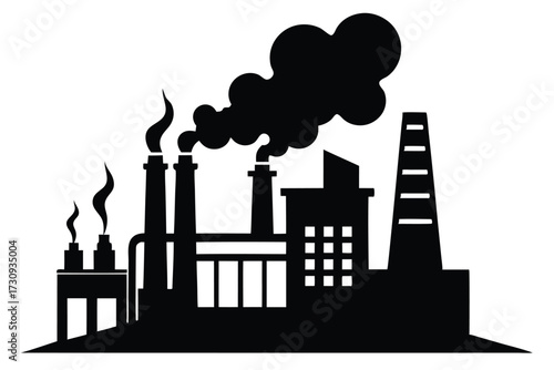 Black Silhouette of Industrial Factory with Smoke Stacks Emitting Dark Pollution Clouds