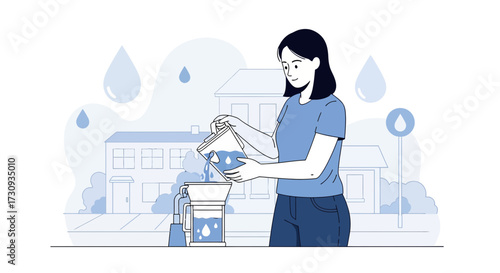 Woman filtering rainwater using a water filter system for sustainable living practices home