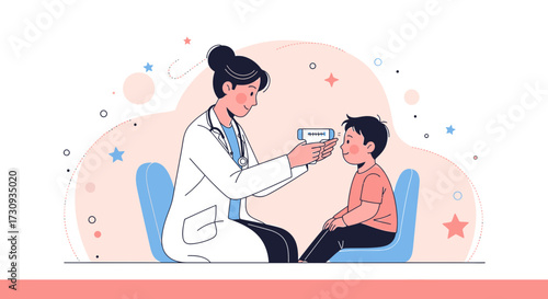 Woman doctor measures a child's temperature with a non-contact thermometer illustration