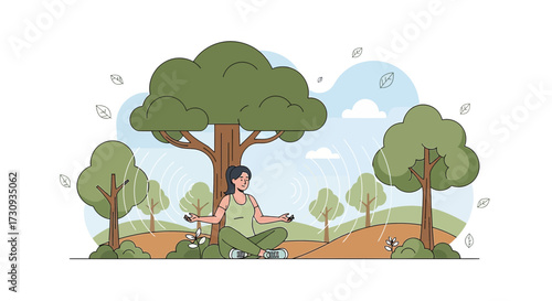 Woman meditating in nature illustration promotes wellness and outdoor recreation concept drawing