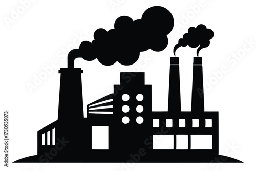 Silhouette Illustration of Factory with Smokestacks and Smoke Emissions against a Clear Sky