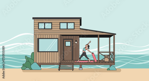 Woman practicing yoga at tiny house, beach side view, health and wellness lifestyle, outdoor