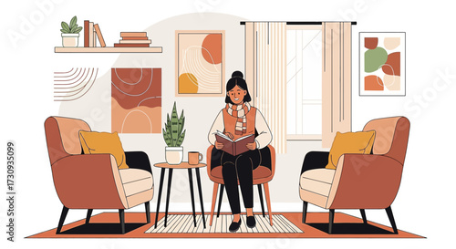 Woman Reading a Book in Cozy Room Illustration with Armchairs and Interior Decoration