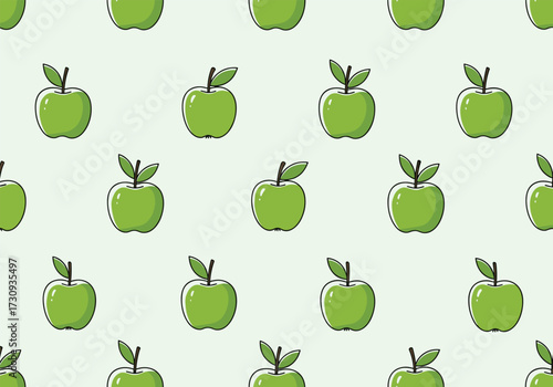 A pattern of cute cartoon green apples with leaves and stems on a light green background.