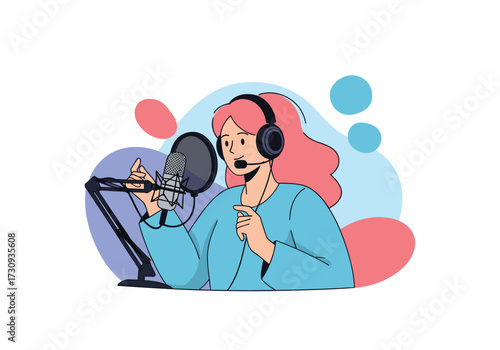 A podcaster with pink hair wearing headphones speaks into a microphone on a stand.