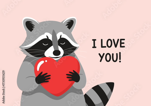 A cute raccoon is holding a red heart and saying I love you.