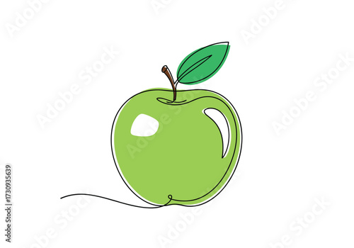 A fresh green apple drawn in a simple continuous line style with a single leaf attached.