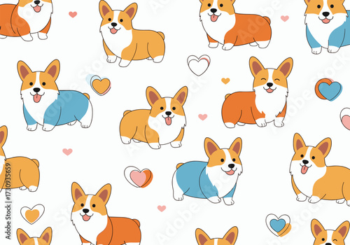 Cute corgi dog pattern with hearts and playful poses.