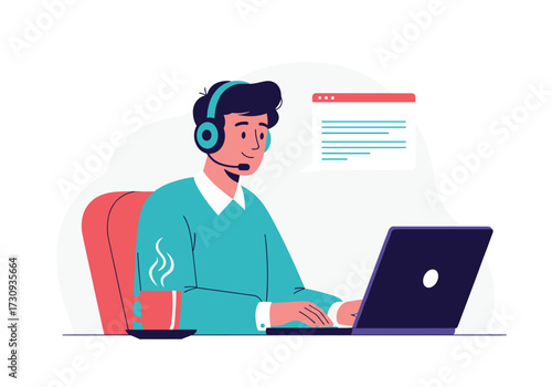 Customer support agent working on laptop with headset and coffee