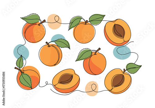 A delightful illustration of whole and halved ripe apricots arranged playfully.