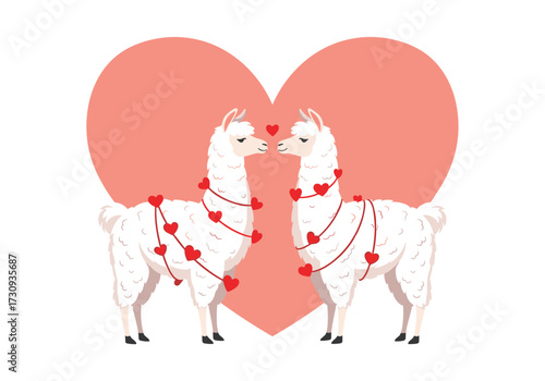 Two fluffy white llamas in love decorated with red hearts on Valentine's day.