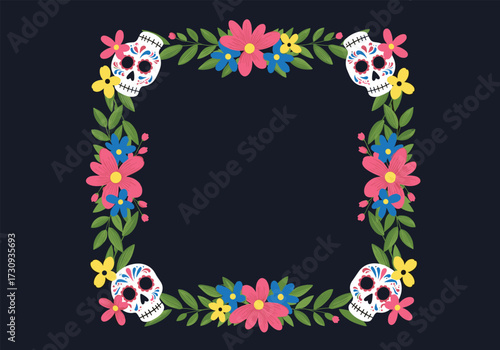 A decorative square frame adorned with colorful flowers and sugar skulls for a festive cultural celebration.