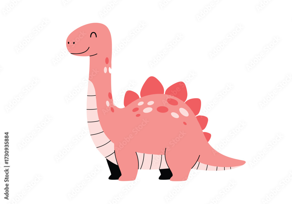 Naklejka premium A cute cartoon pink dinosaur with a long neck and plates on its back.