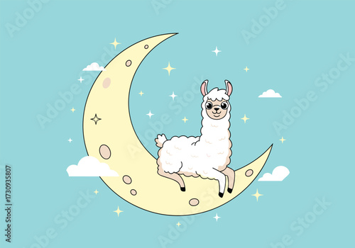 Cute llama resting on a crescent moon under a starry sky.