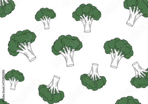 A delightful pattern of fresh green broccoli florets scattered across a clean white background.
