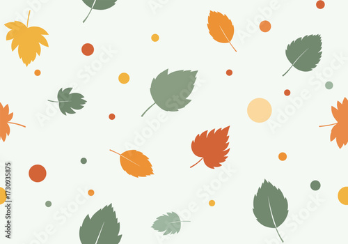 A repeating pattern of colorful autumn leaves and scattered dots against a pale green background.