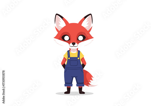 An adorable cartoon fox wearing blue overalls and a yellow shirt stands still.