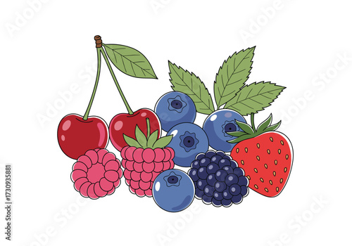 A delicious and healthy assortment of fresh berries including strawberries blueberries raspberries and blackberries.