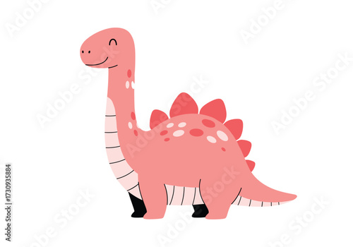 A cute cartoon pink dinosaur with a long neck and plates on its back.