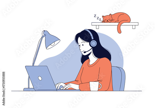 A woman with a headset works on her laptop while a cat sleeps peacefully on a shelf above her.