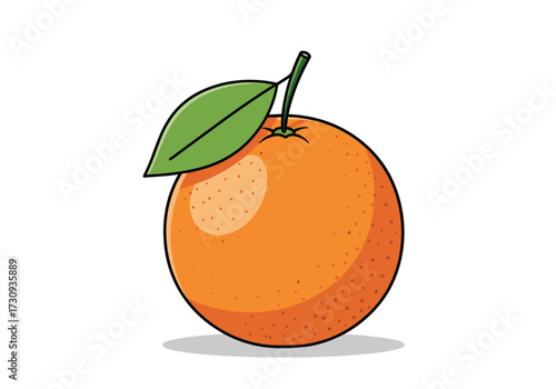 A vibrant fresh orange with a green leaf and stem rests on a white background with a subtle shadow.
