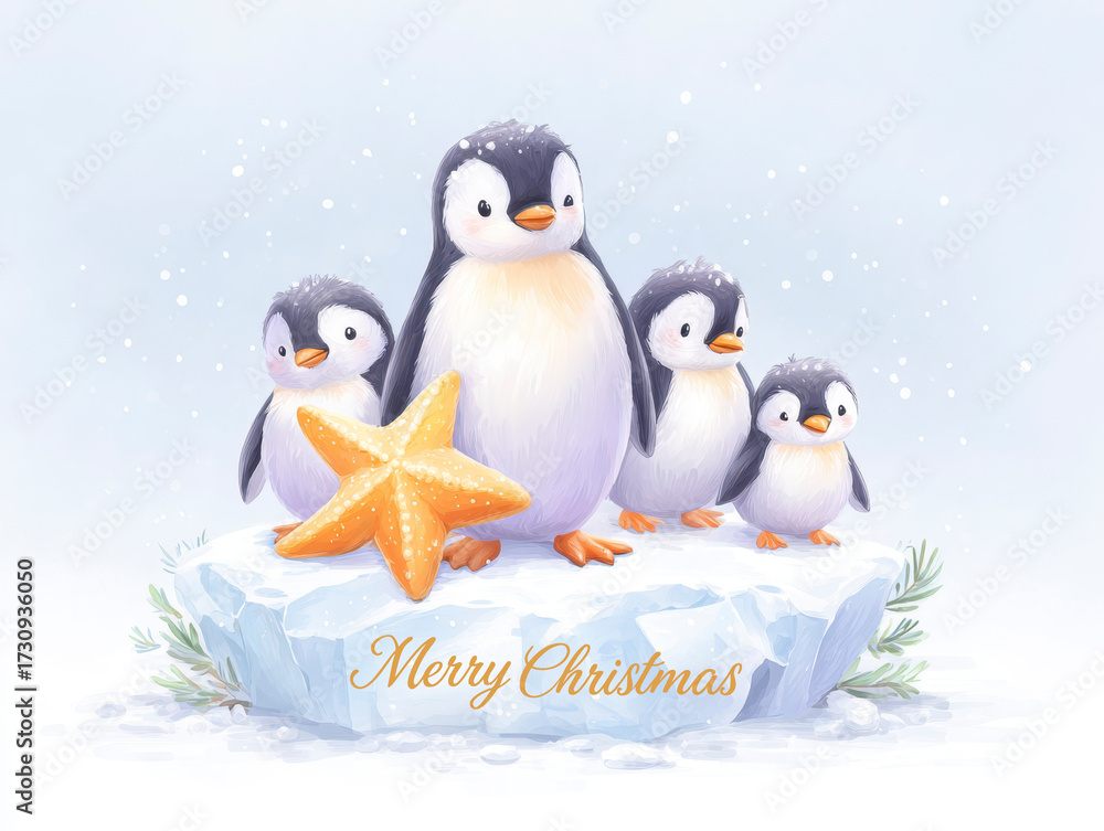 Fototapeta premium Merry Christmas Penguin Family On Ice With Starfish: Cute Winter Holiday Scene For Stock