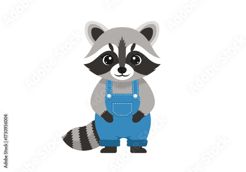 A cute cartoon raccoon wearing blue overalls standing on a white background.