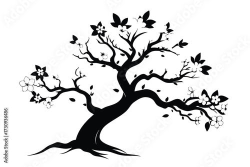 Black Silhouette of a Blossoming Tree with Twisting Branches and Fallen Leaves Design