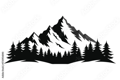 Graphic Silhouette of Mountains with Evergreen Trees in Black and Gray Hues