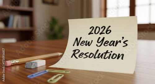 New years resolution for 2026 written on paper with pencil on table