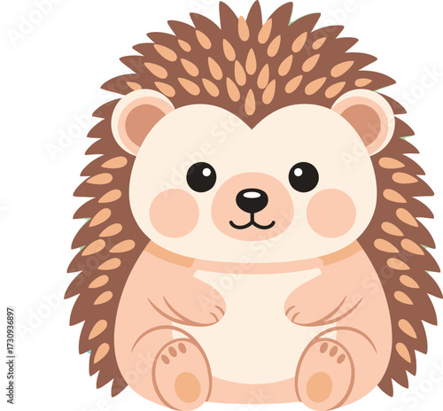 Cute cartoon hedgehog with rosy cheeks sitting on green grass isolated on white background