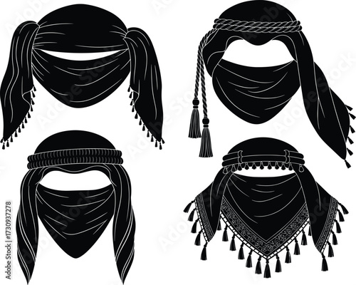 Traditional Middle Eastern desert head coverings, cultural fashion illustration, ethnic costume design, tassel details, protective attire, tribal heritage, artistic drawing